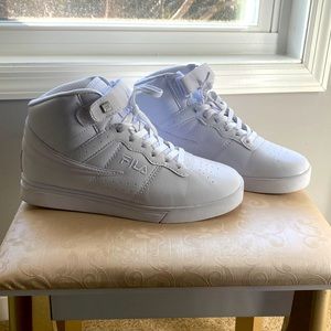 White, Fila high top shoes.